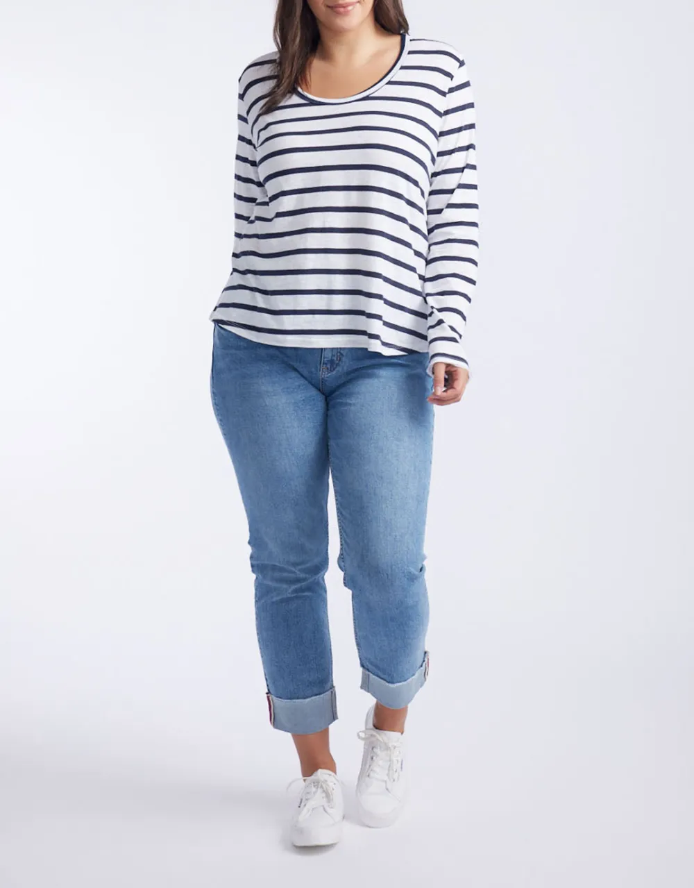 Original Round Neck Long Sleeve T-Shirt - Navy/White Stripe