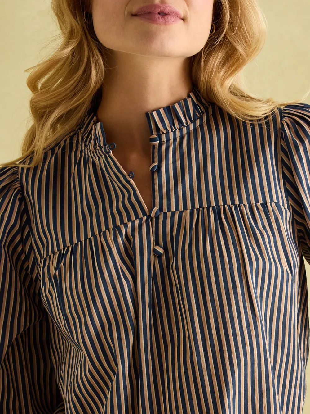 Navy Stripe Cotton Frill Neck Blouse