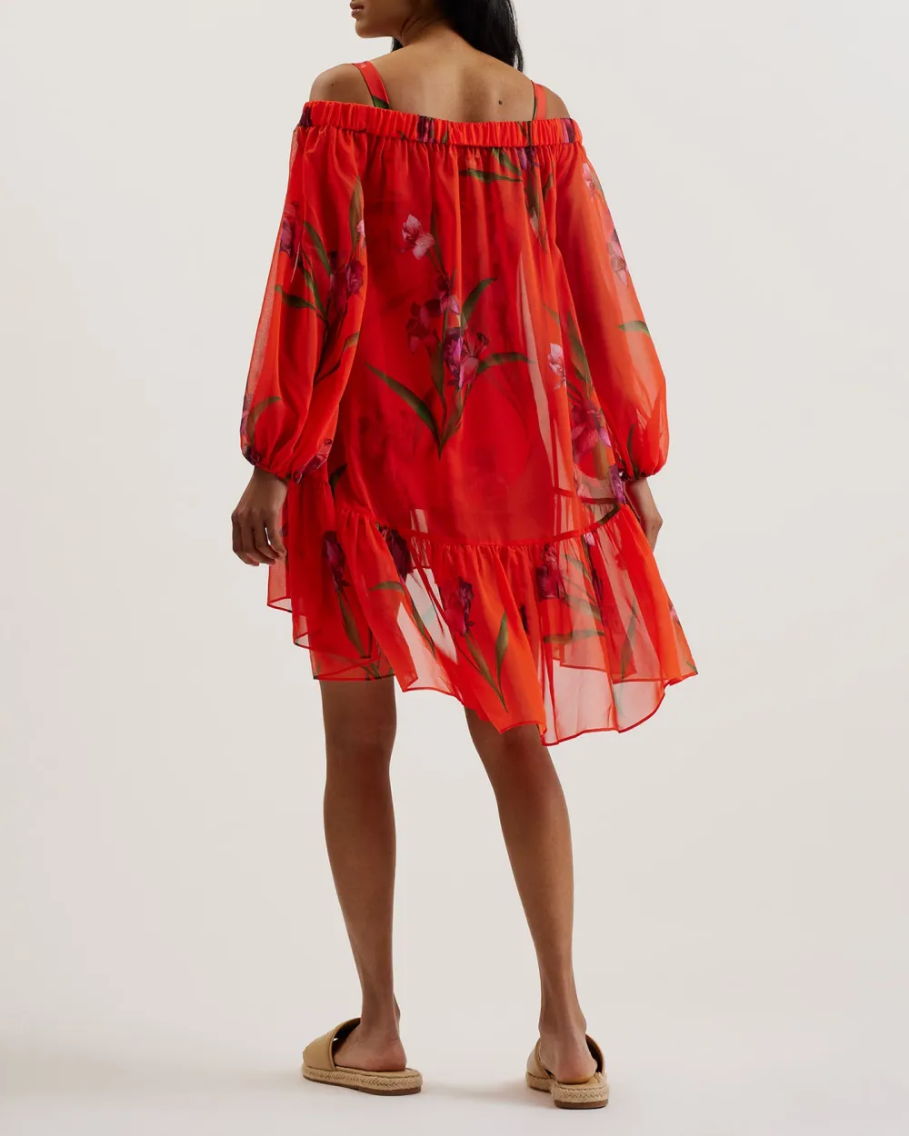 Ariizon Floral Bardot Beach Cover Up Brt-Red