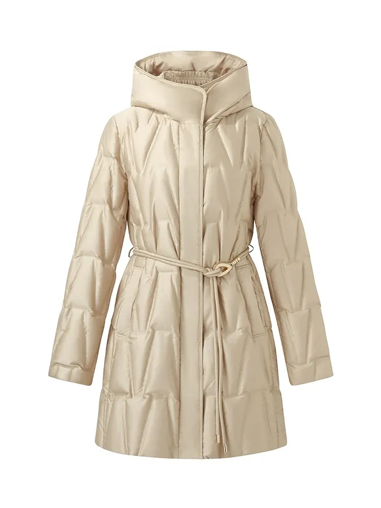 High Collar Hooded Goose Down Coat With Belt