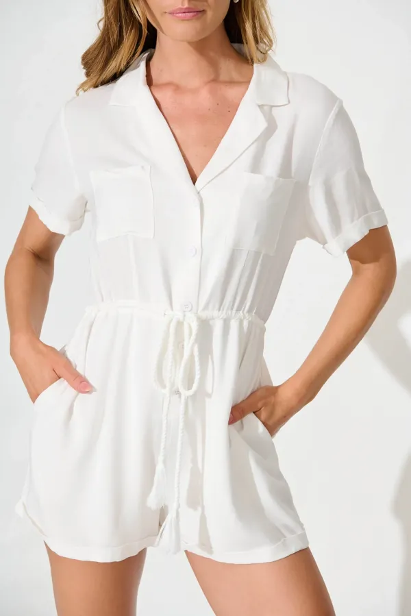White Short Sleeve Shirt Style Jumpsuit