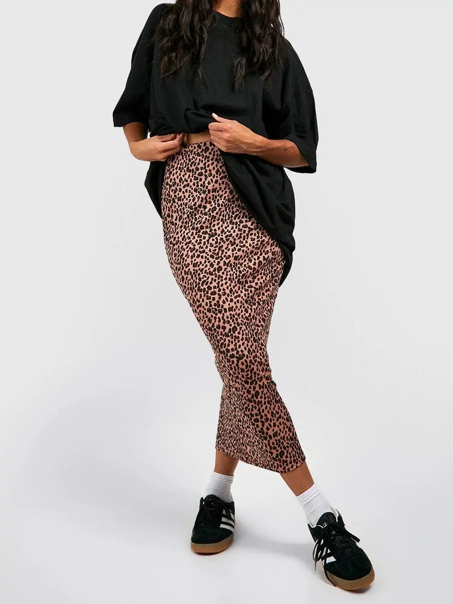 LEOPARD RIBBED MIDI SKIRT