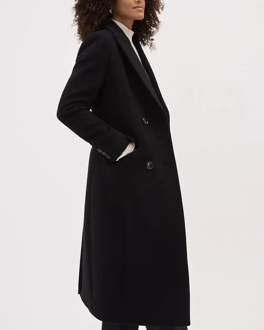 Solid Long Double-Breasted Wool Coat