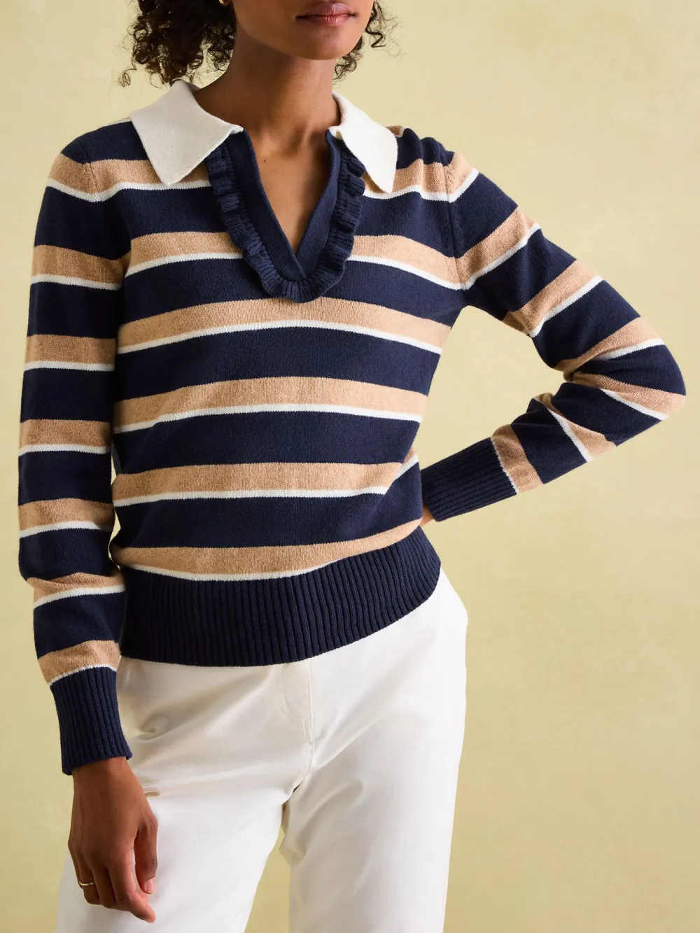 NavyOatmeal V Neck Stripe Jumper with Collar