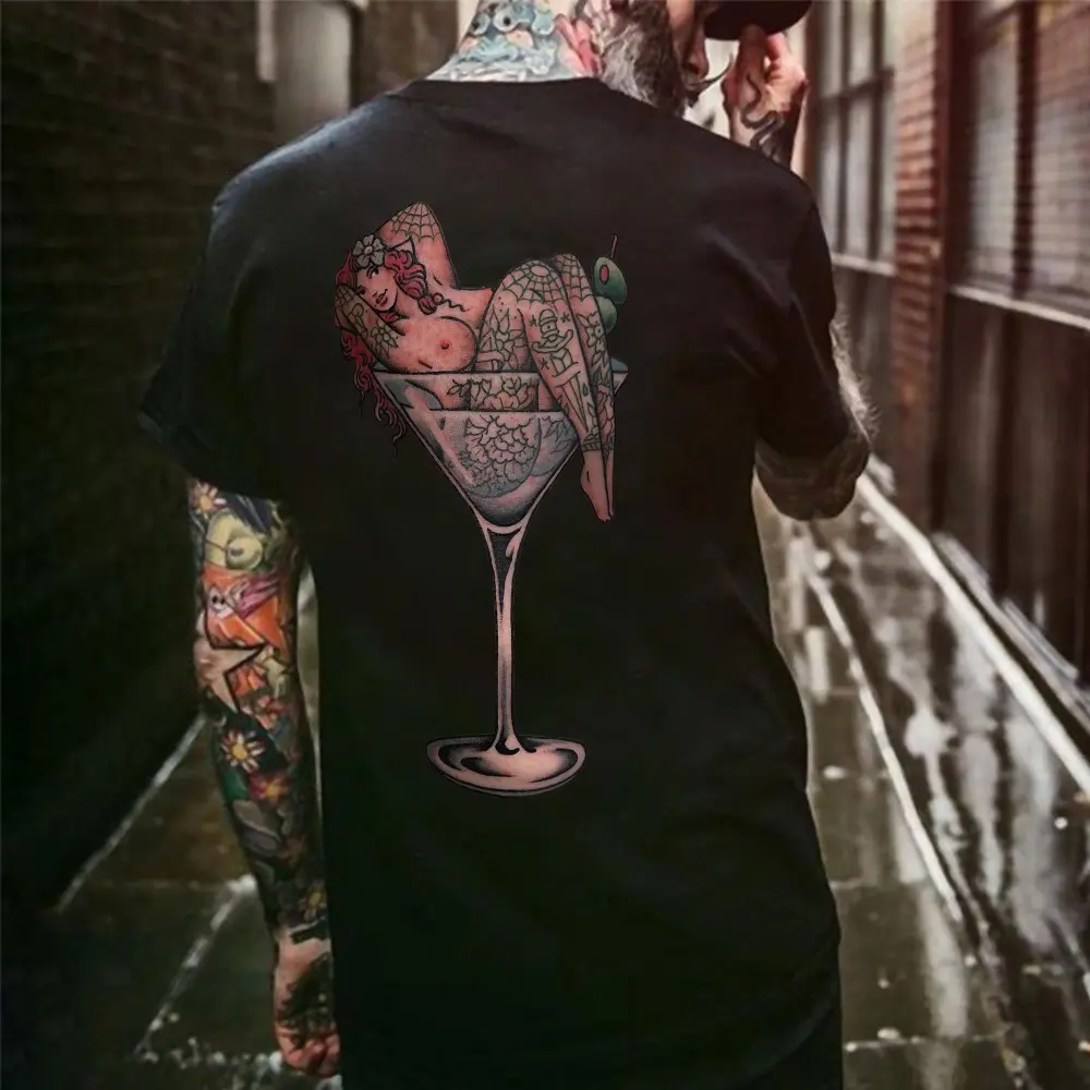Tattooed Woman Lying In Wine Glass Printed Men's T-shirt