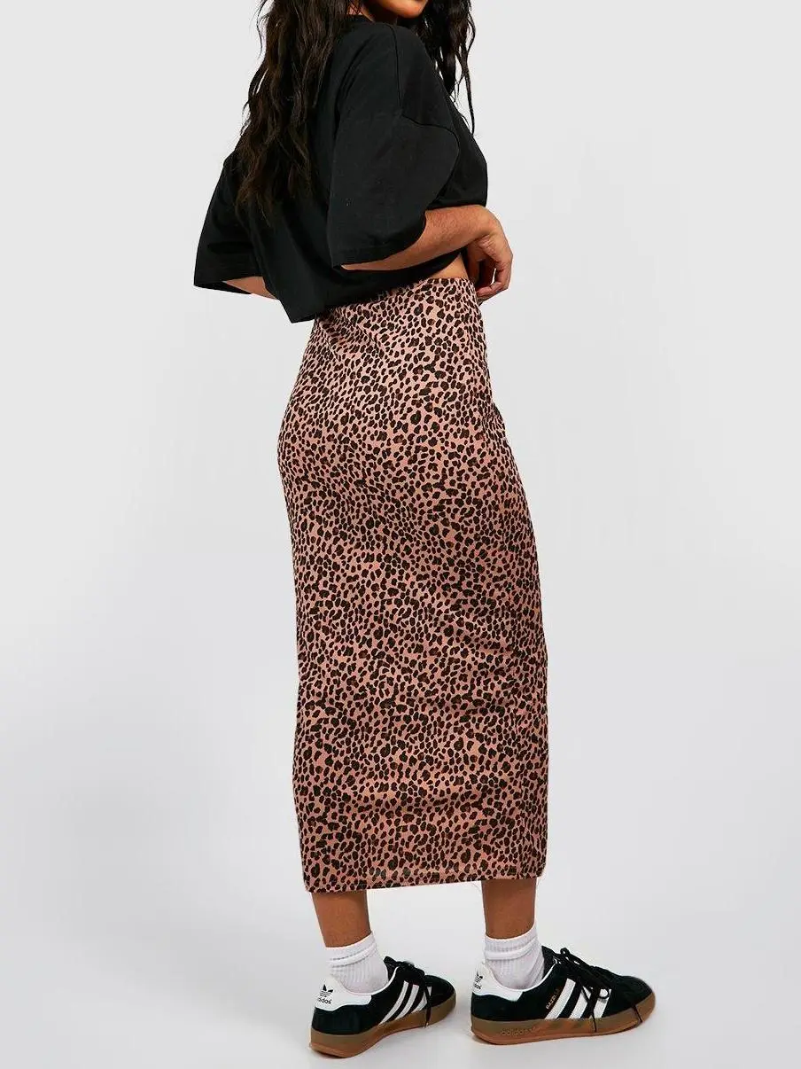 LEOPARD RIBBED MIDI SKIRT