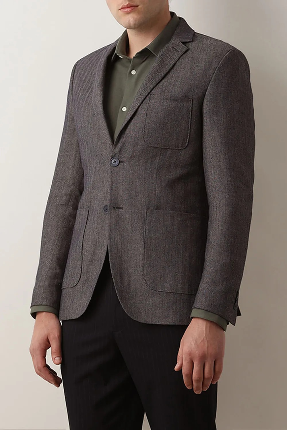 Navy Blue Textured Linen Casual Blazer