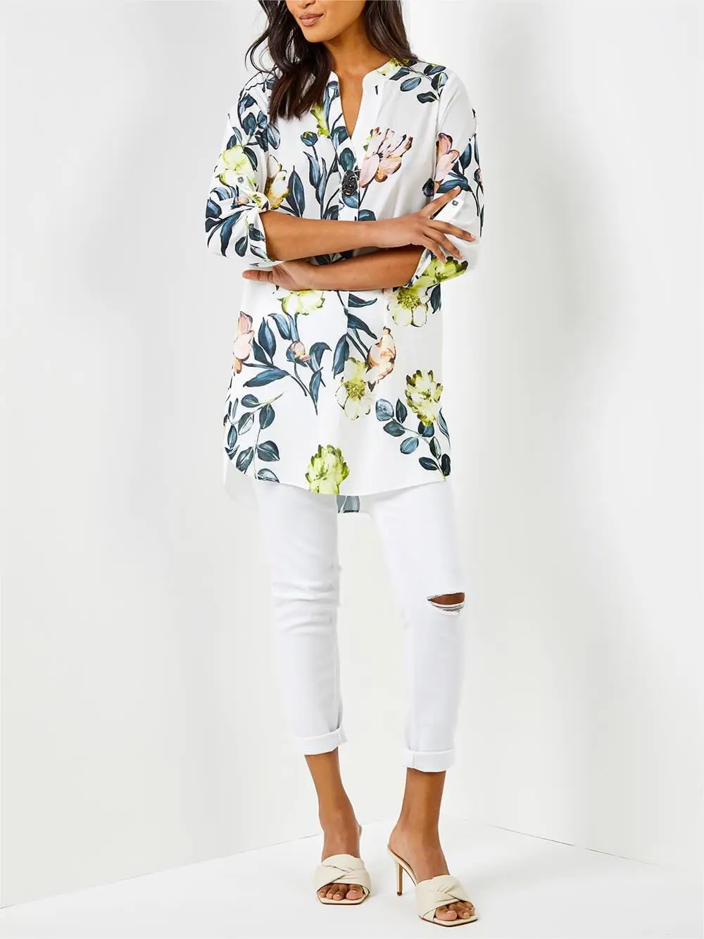 Ivory V-Neck Longline Button Detail Floral Tunic Top