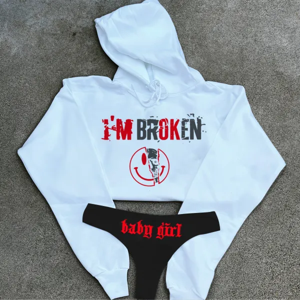 I'm Broken Printed Women's Cropped Hoodie & Thong Sets