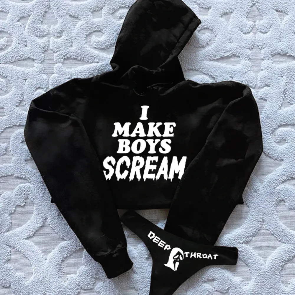 I Make Boys Scream Printed Women's Cropped Hoodie & Thong Sets