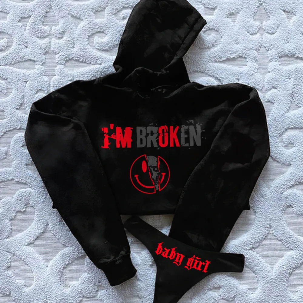 I'm Broken Printed Women's Cropped Hoodie & Thong Sets