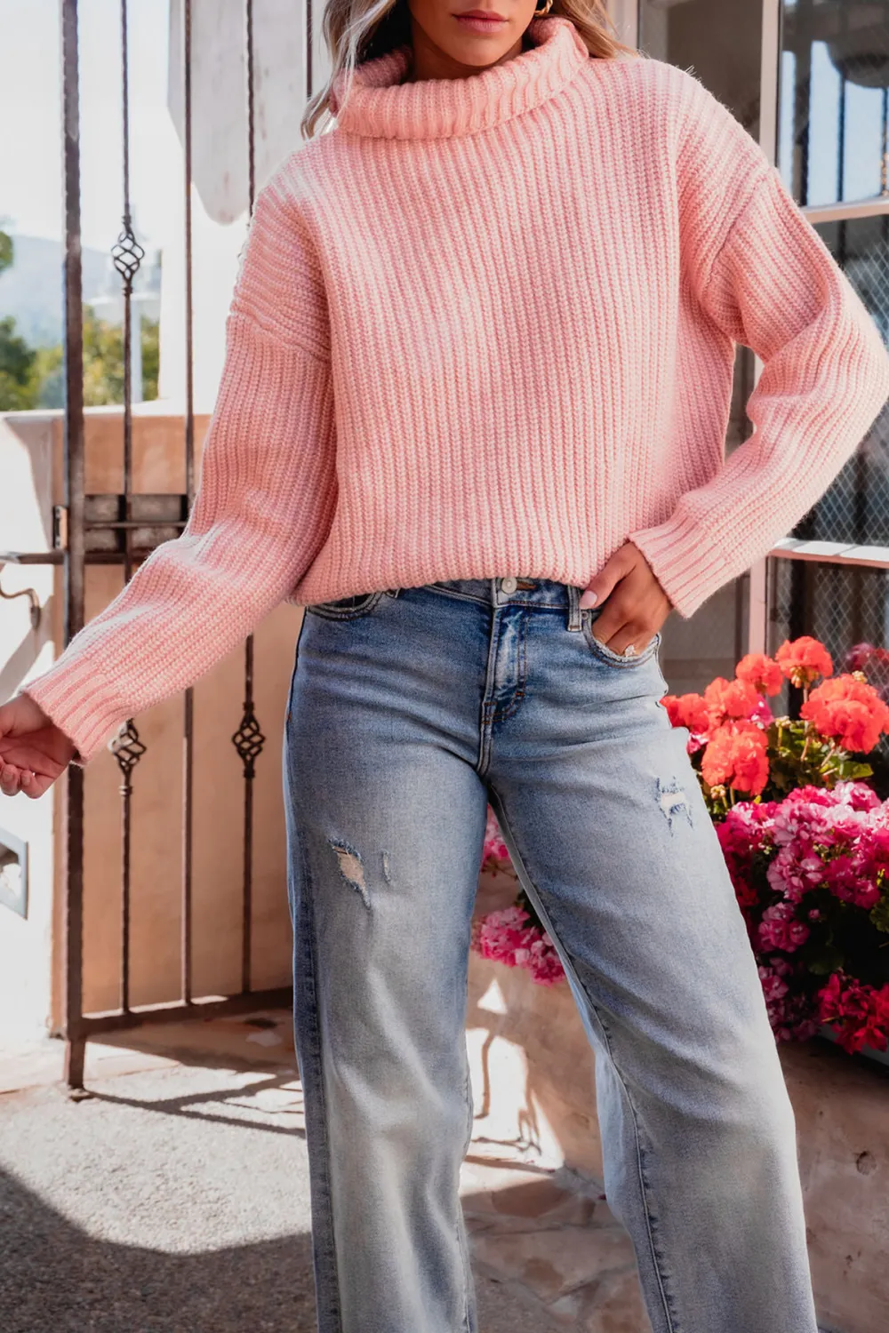 Chunky Pink Ribbed Turtleneck Sweater