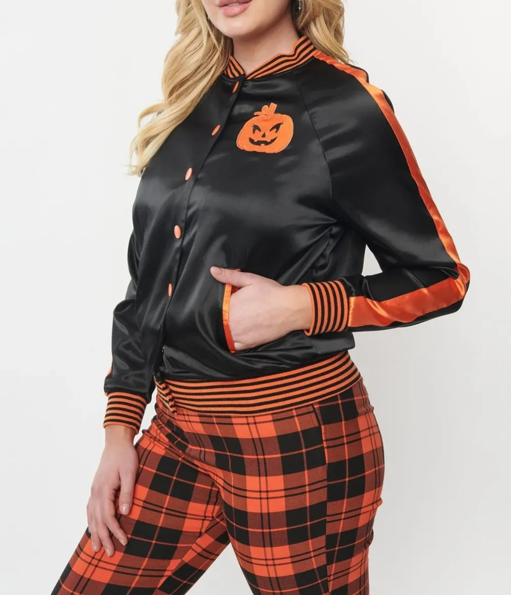 Unique Vintage Black And Orange Scream Queen Satin Bomber Jacket