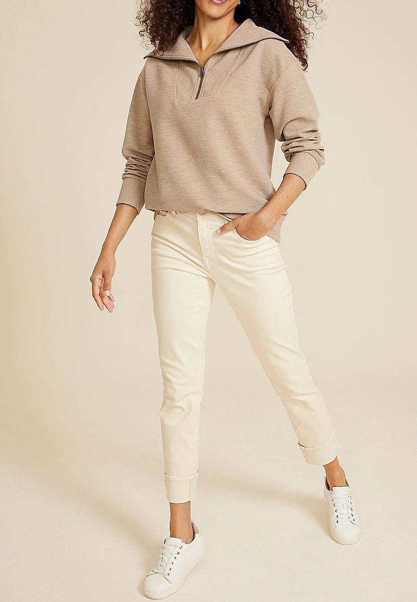 Ribbed Knit Shawl Collar Tunic Sweatshirt