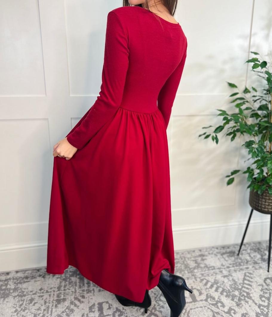 Red Knitted Bodice Midi Dress