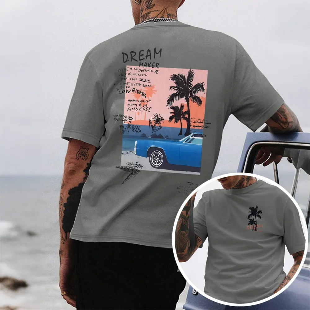 Men'S Letter Palm Tree Car Graphic Printed Crew Neck Short Sleeves T-Shirt