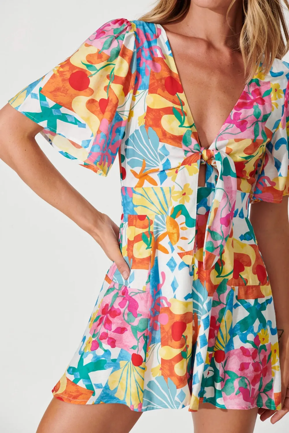 Colorful Printed Tie Front Short Jumpsuit