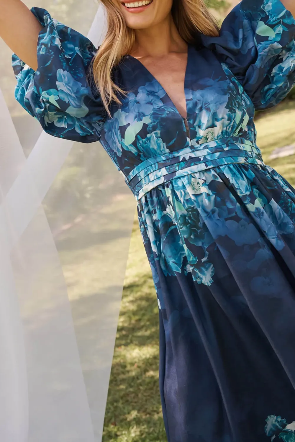 Navy Blue Floral Print Puff Sleeve Maxi Dress