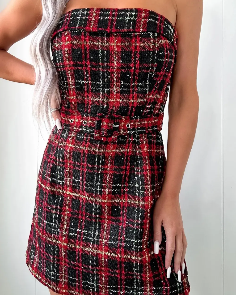 Instant Classic Tweed Belt Dress - Red/Black