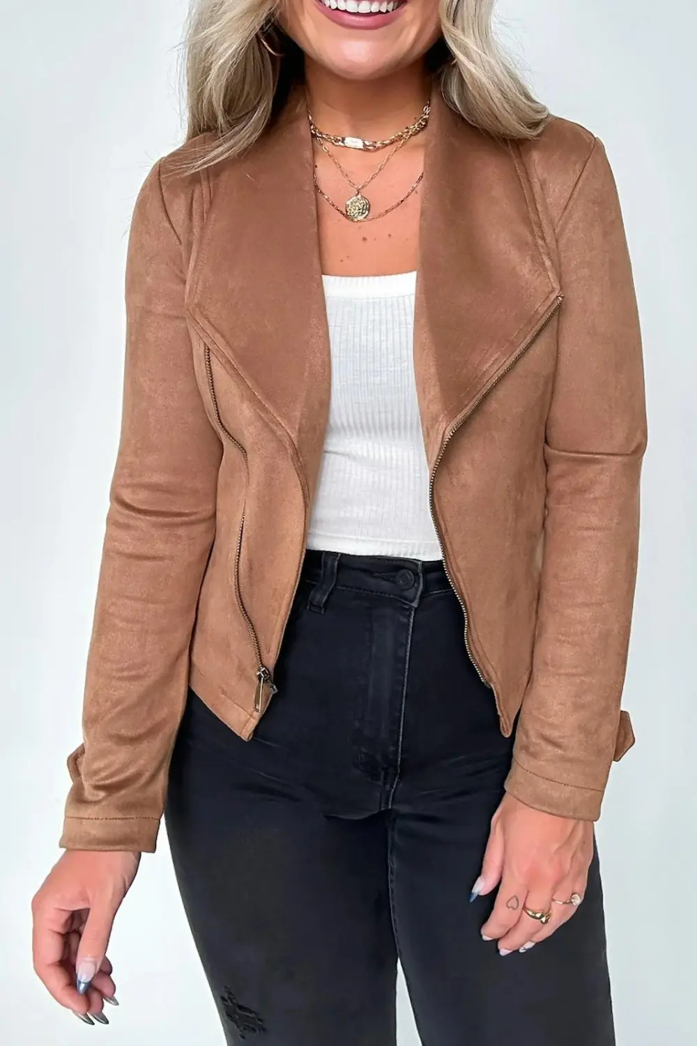 Faux Suede Zip Up Moto Jacket