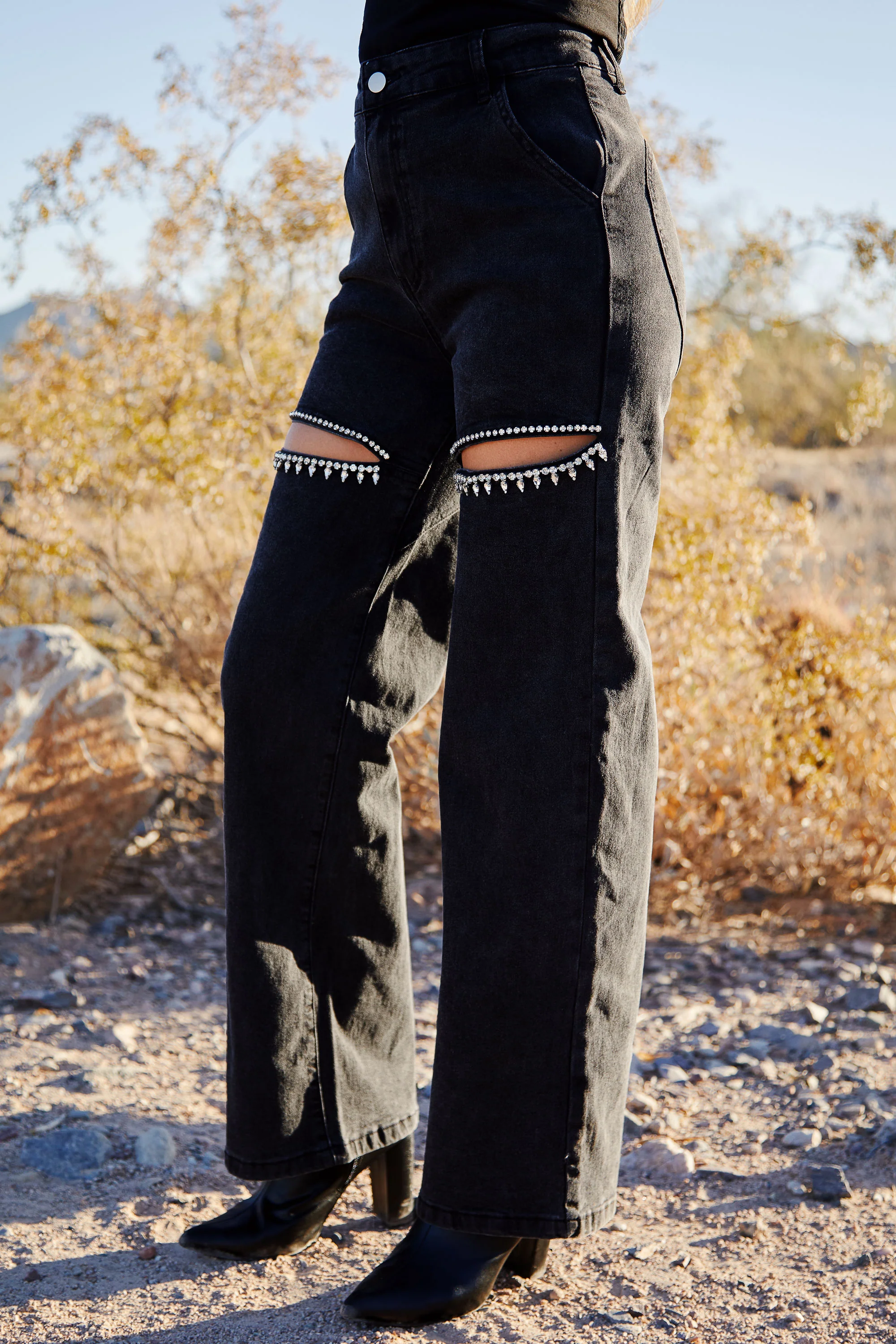 Black Cutout Rhinestone Relaxed Jeans