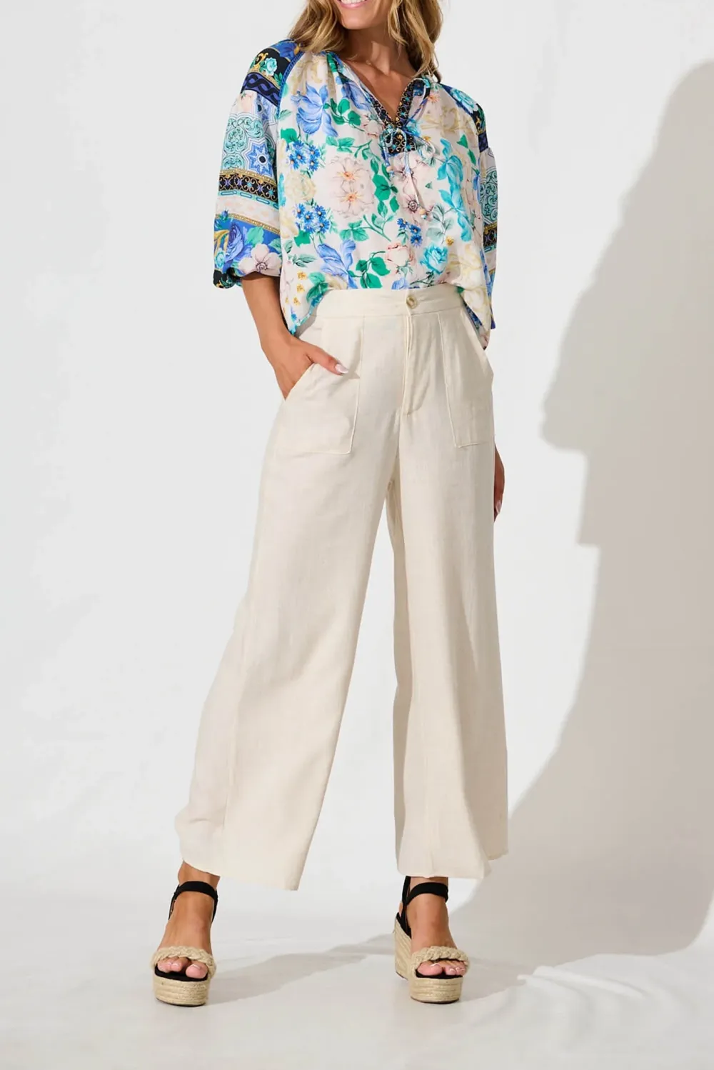 Blue Floral Patterned Half Sleeve Blouse