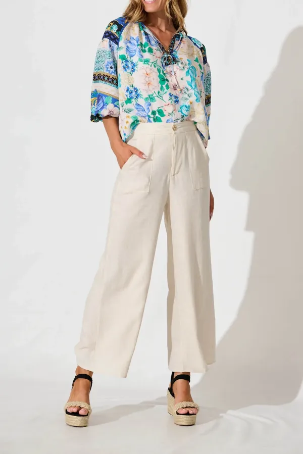 Blue Floral Patterned Half Sleeve Blouse