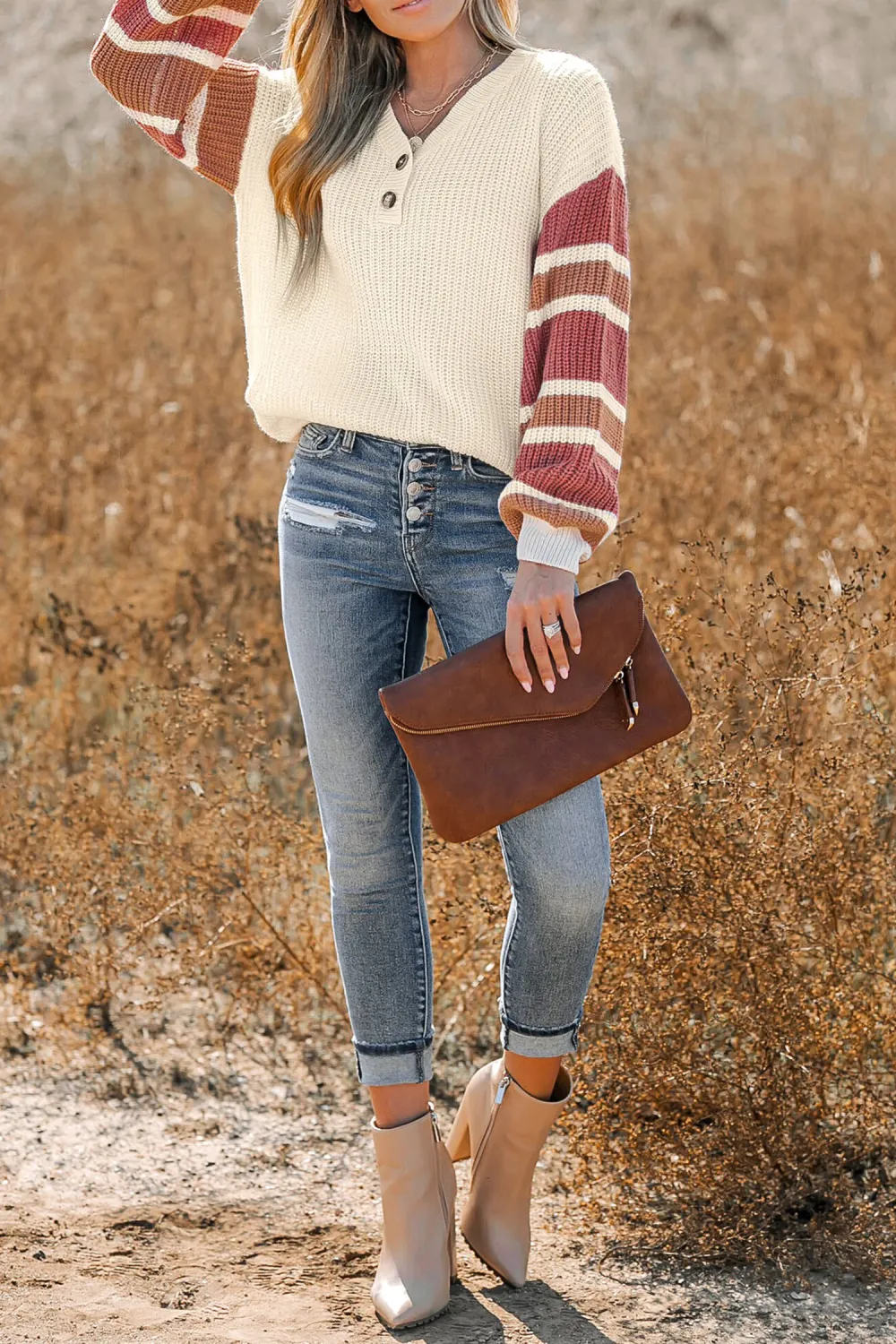 V-Neck Buttoned Striped Sweater