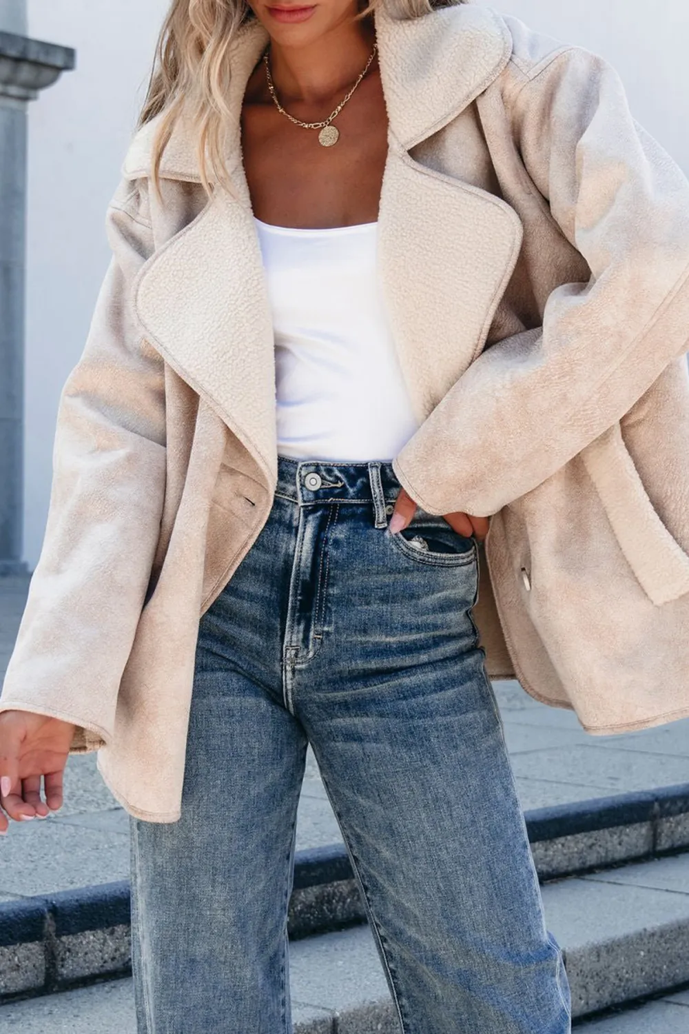 Faux Suede Sherpa Jacket - Beige