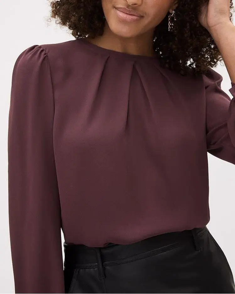 Long-Sleeve Crew-Neck Mix-Media Blouse