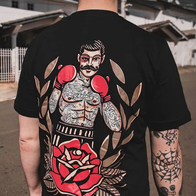 Boxing Beard Male Floral Print Casual T-shirt