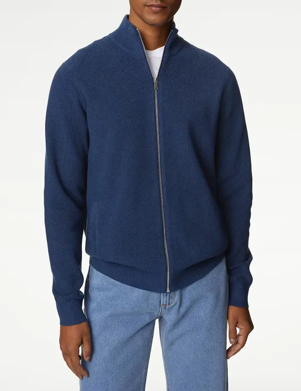 Cotton Blend Funnel Neck Zip Up Jumper