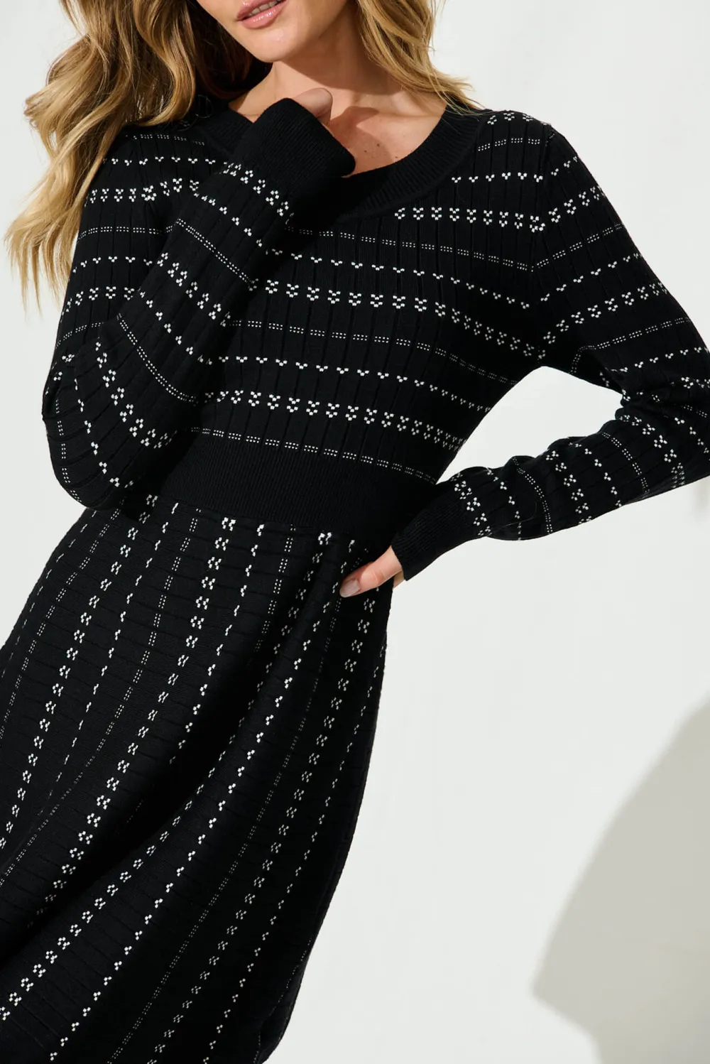 Black Patterned Long Sleeve Knit Dress