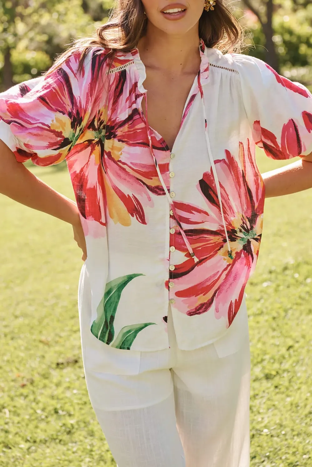 White Floral Print Half Sleeve Shirt