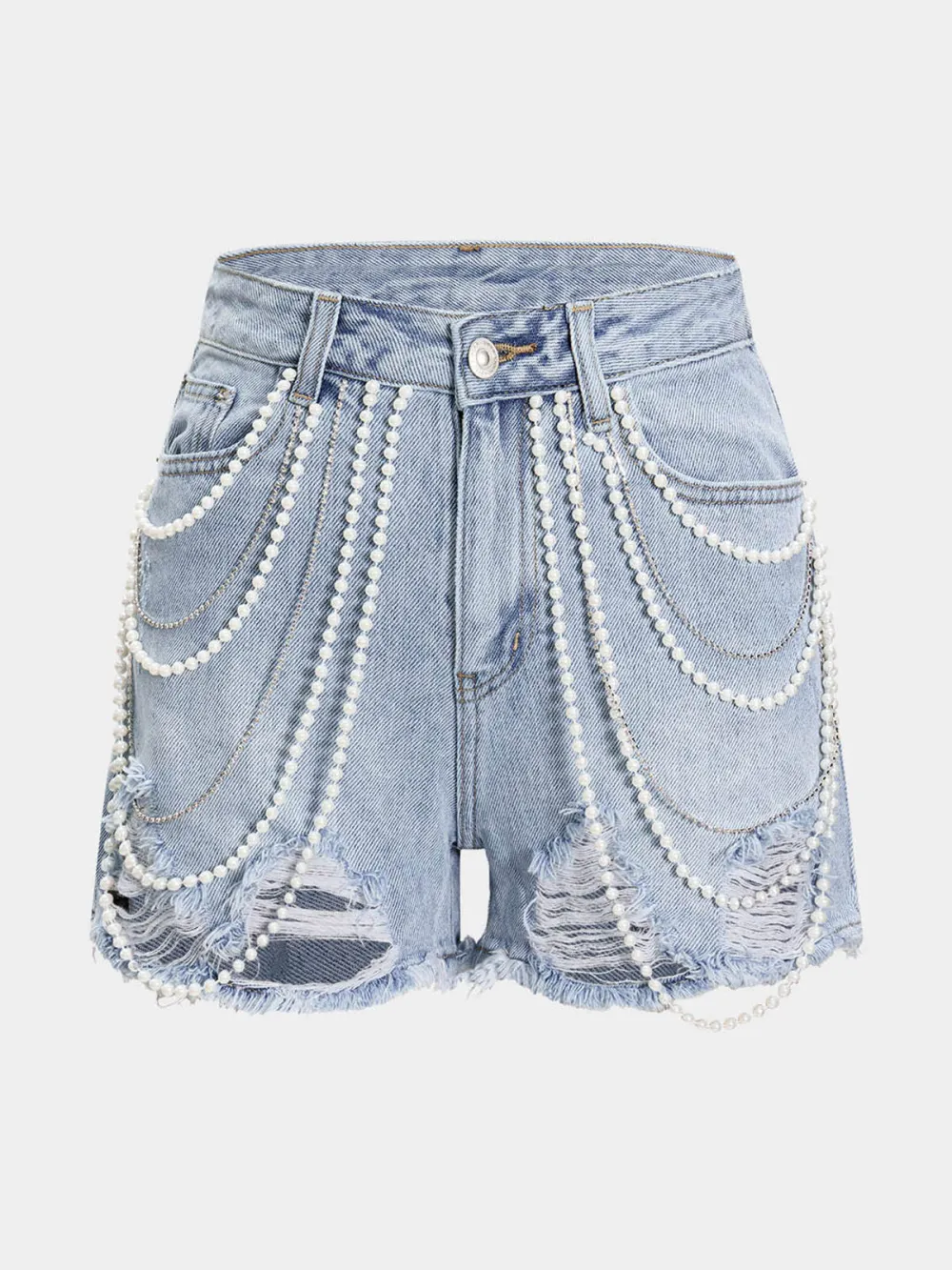 Bead Chain Distressed Denim Shorts