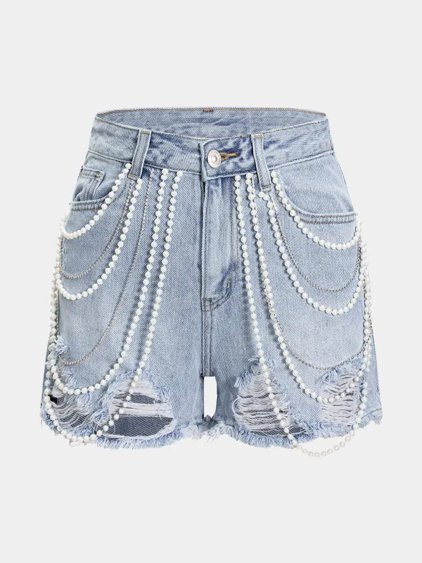 Bead Chain Distressed Denim Shorts