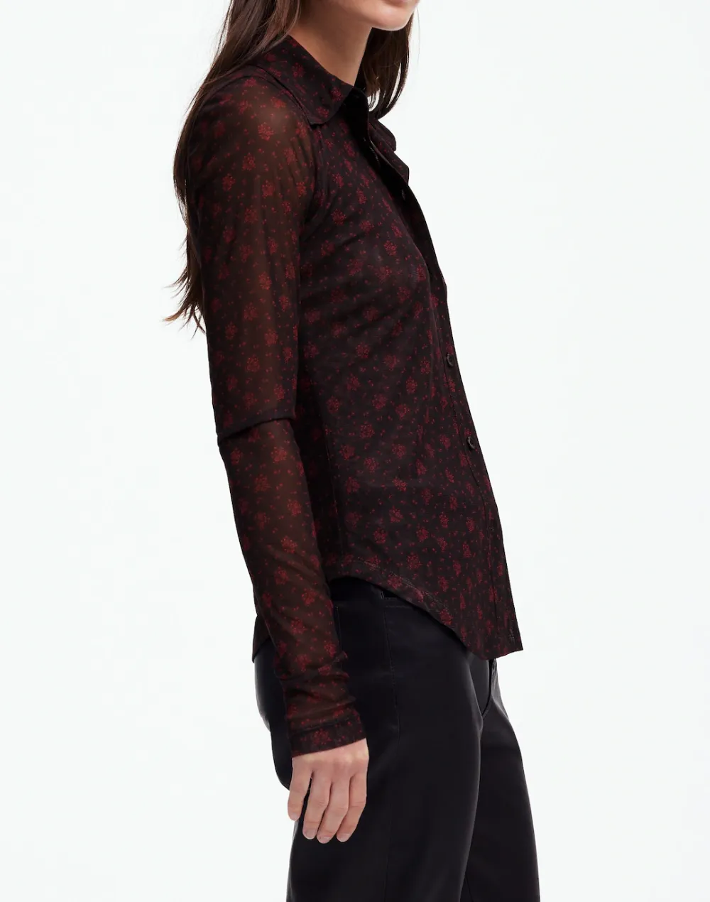 Long-Sleeve Button-Front Top in Floral Mesh