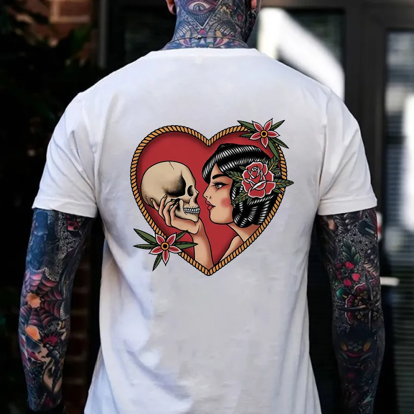 Retro Brunette Woman And Skull Print T-shirt