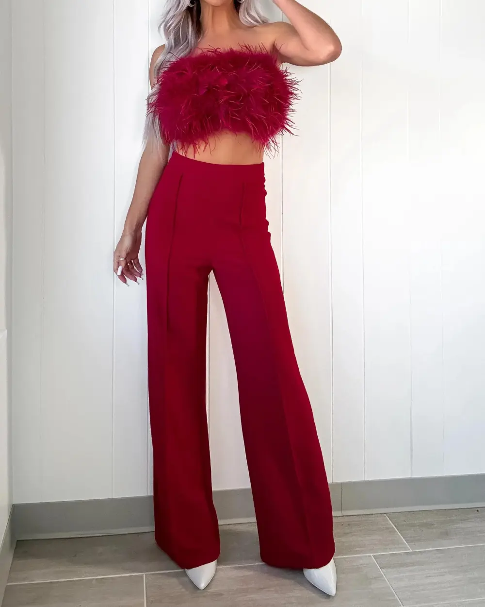 Graceful Reflections Fur Pants Set - Burgundy