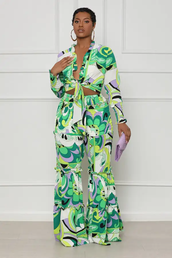 Vibrant Ruffles Wide Leg Pants Set (Green Multi)- FINAL SALE