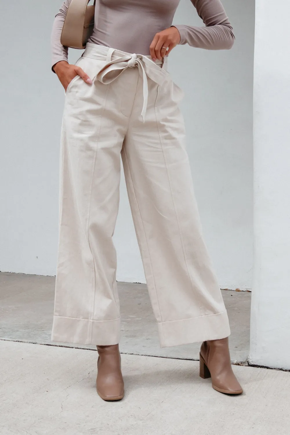 Belted Wide Leg Cuffed Pants - Natural