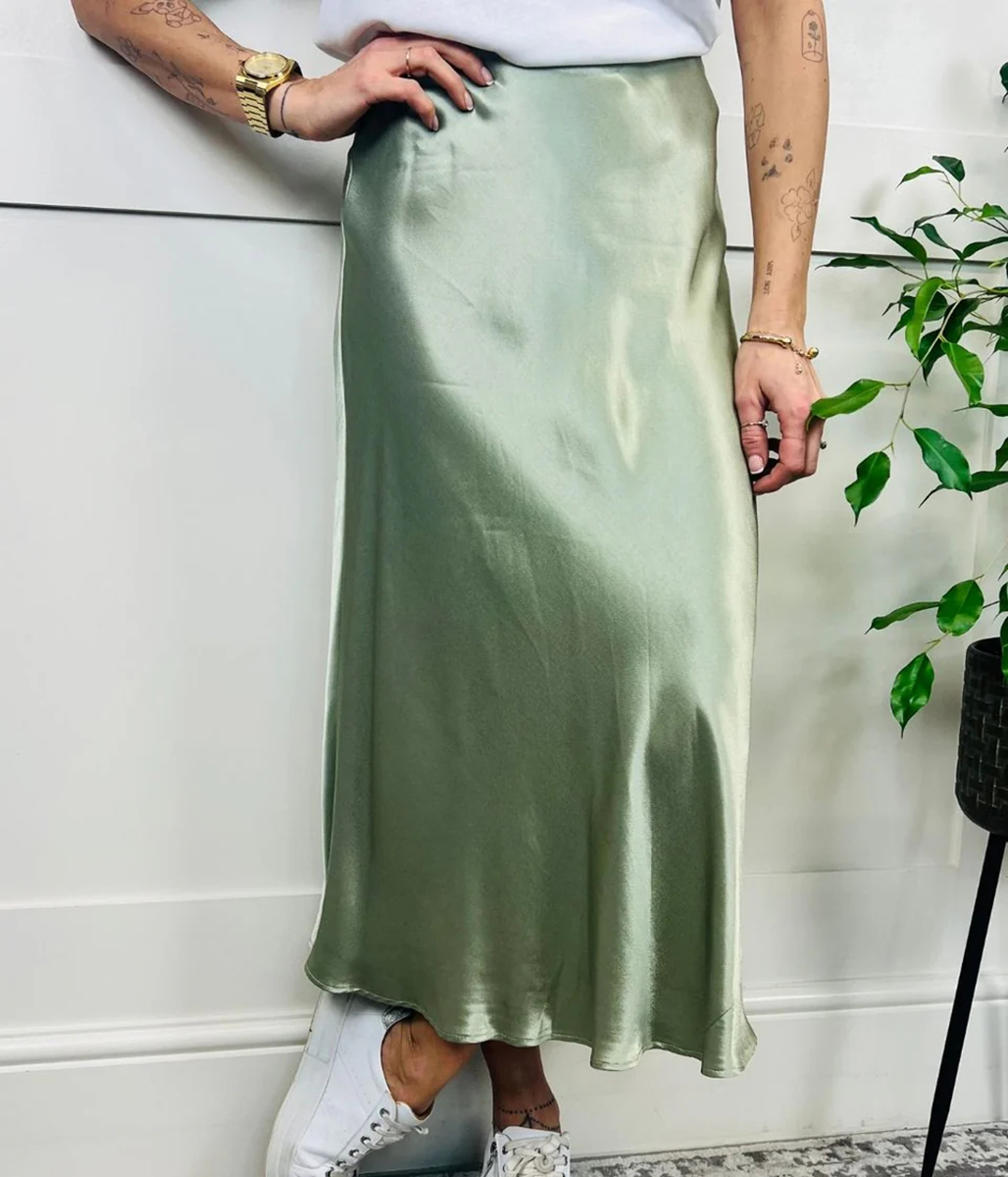 Green Satin Midi Slip Skirt