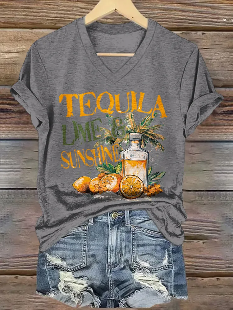 Women's Tequila Short Sleeves V-Neck Pure Cotton T-Shirt
