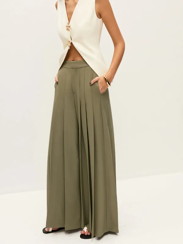 Pleated Wide-Leg Mid-Waist Pants