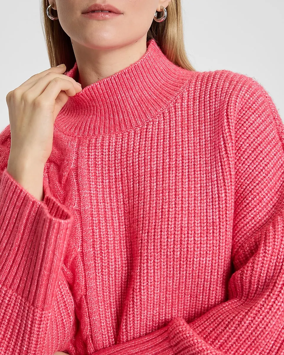 Relaxed Mock Neck Cable Knit Sweater