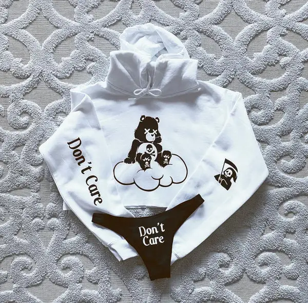 Don't Care Printed Women's Cropped Hoodie & Thong Sets