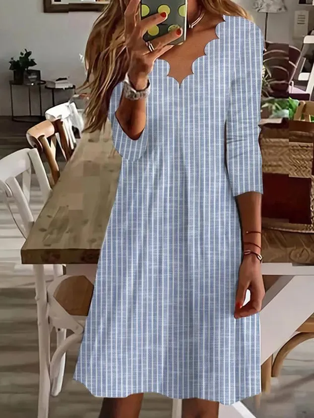 Women Striped V Neck Long Sleeve Comfy Casual Midi Dress