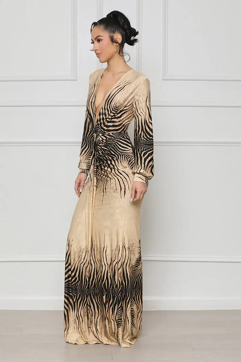 Royal Zebra Print Maxi Dress (Tan Multi)
