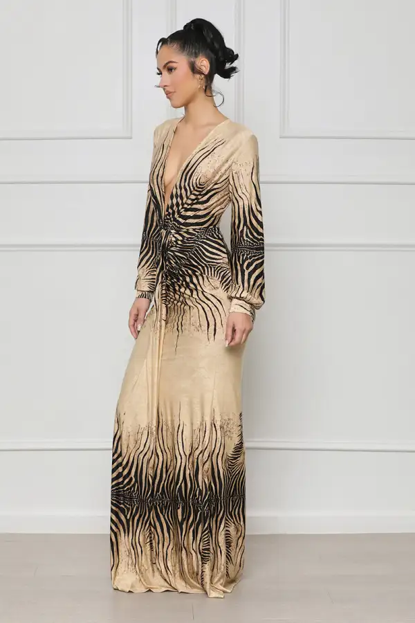 Royal Zebra Print Maxi Dress (Tan Multi)