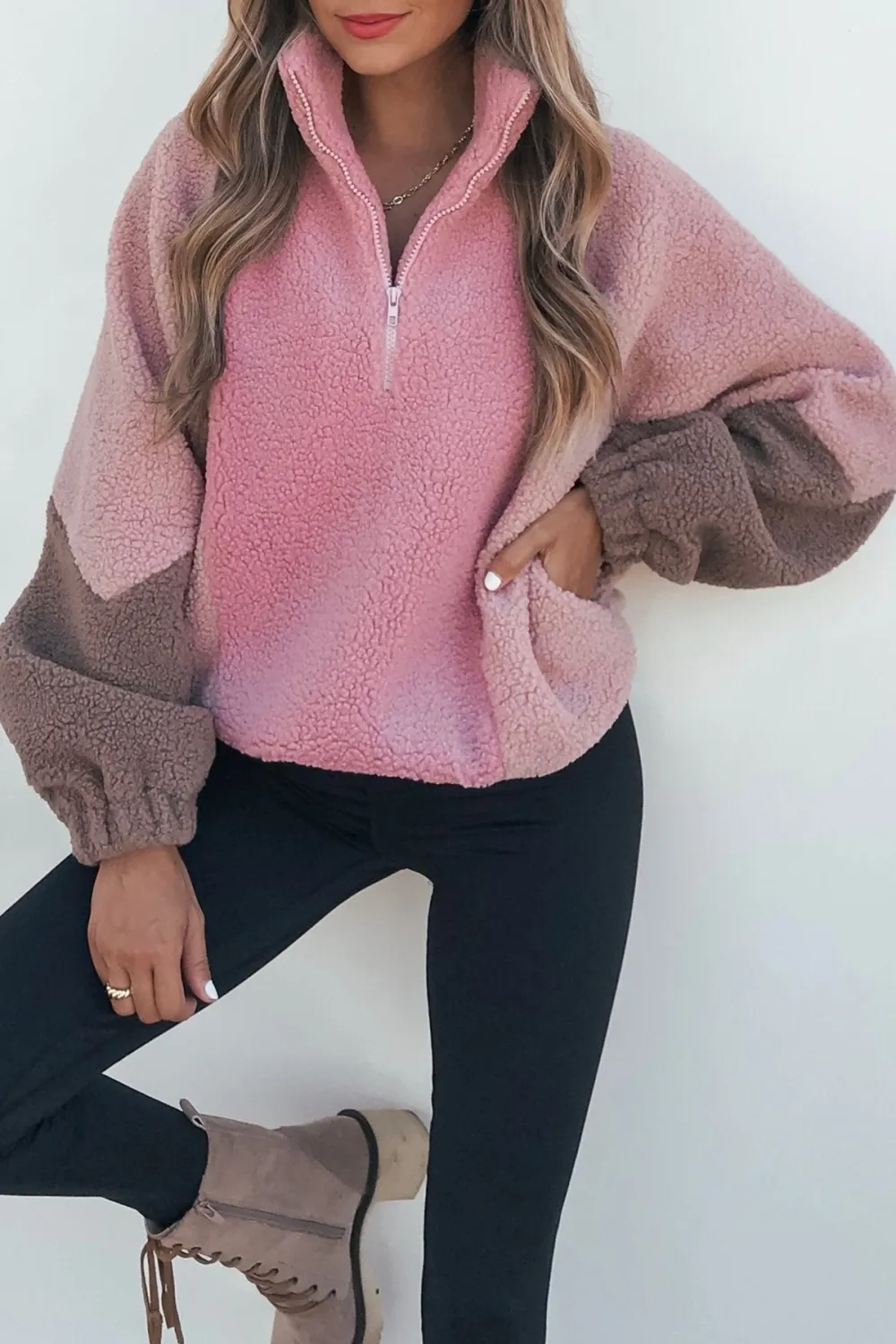 Pink Color Block Sherpa Jacket